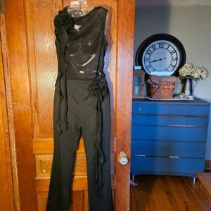 New Ekaliy Women's Large Sheer 2-Piece Black Outfit with Rose Details Wide Leg